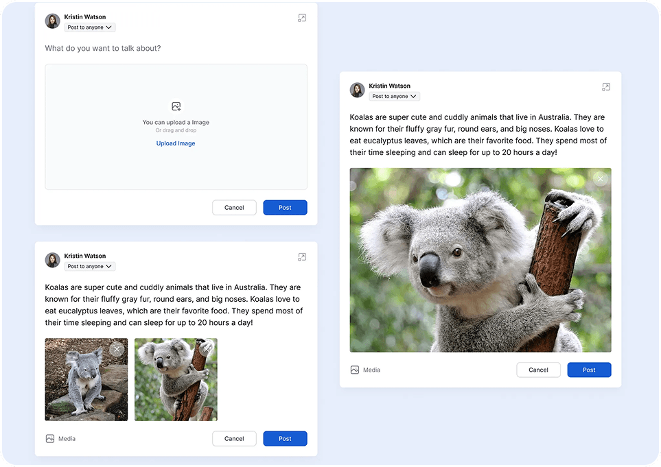 Ink.ai post composer with image uploads and a published post in the news feed