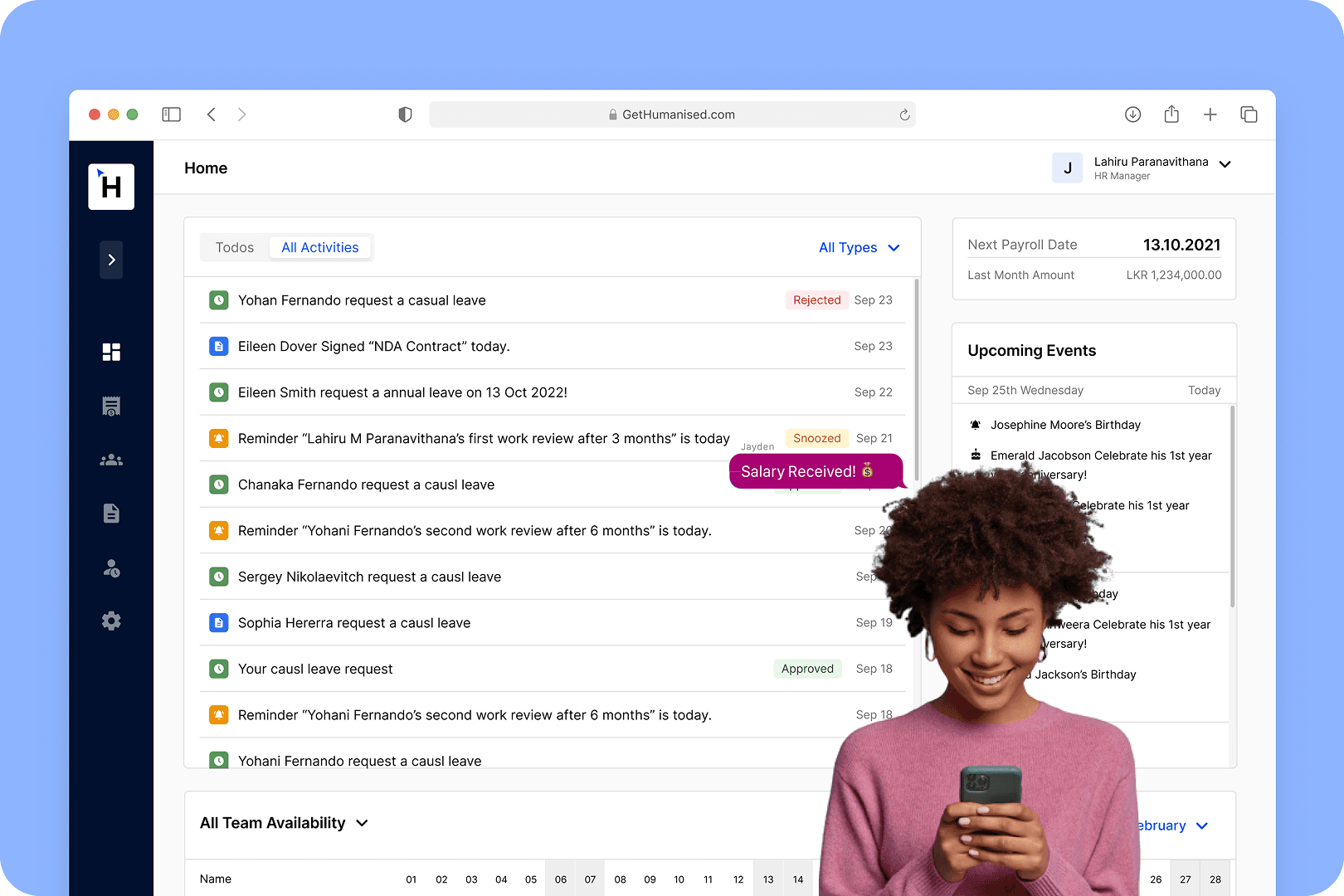 Humanised dashboard showing a to-do feed of leave requests and an upcoming payroll date