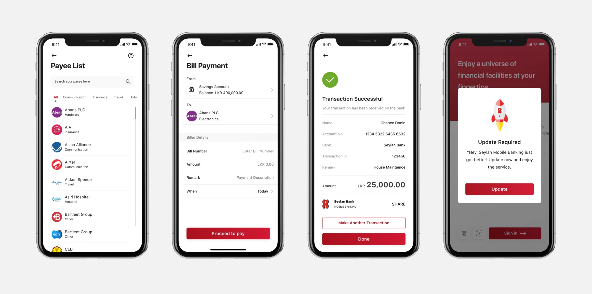 Payee list, bill payment, transaction successful and update prompt screens
