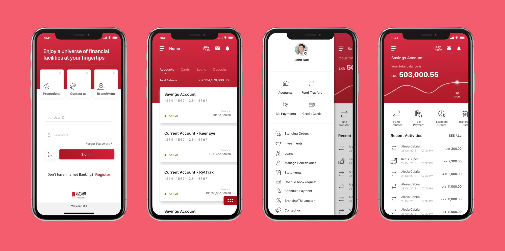 Redesigned Seylan app: sign-in, accounts, menu and savings account with recent activity