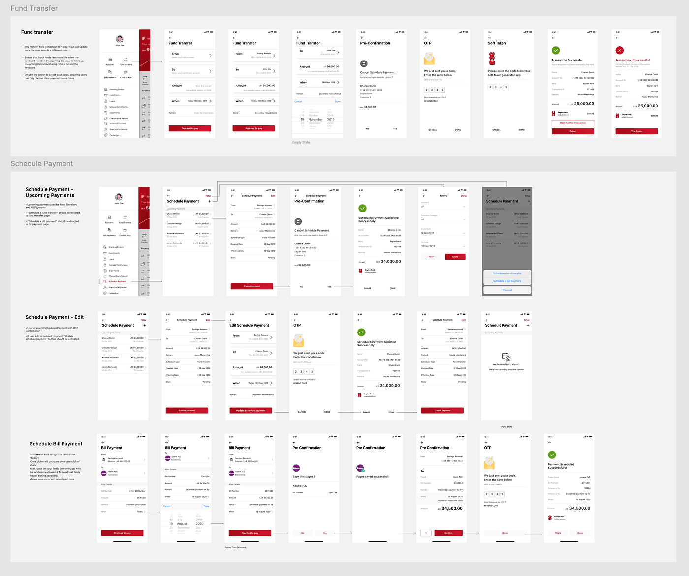 Figma artboards for fund transfer and schedule payment flows, grouped by feature