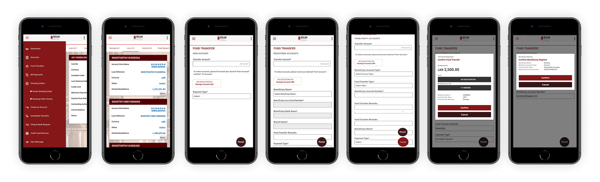 The previous Seylan app: dense fund transfer forms and account screens