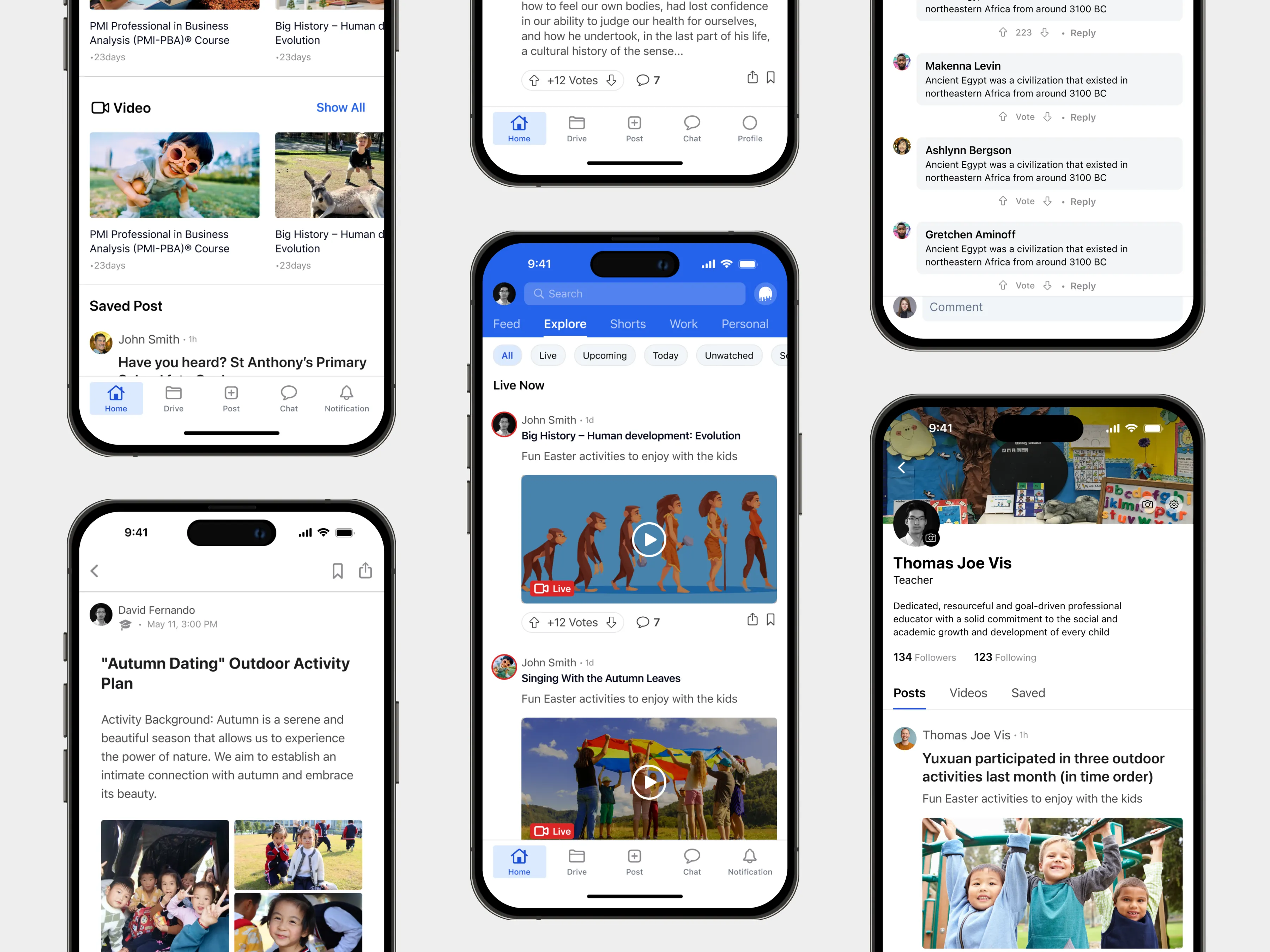 News feed screens with photo posts from teachers and parents