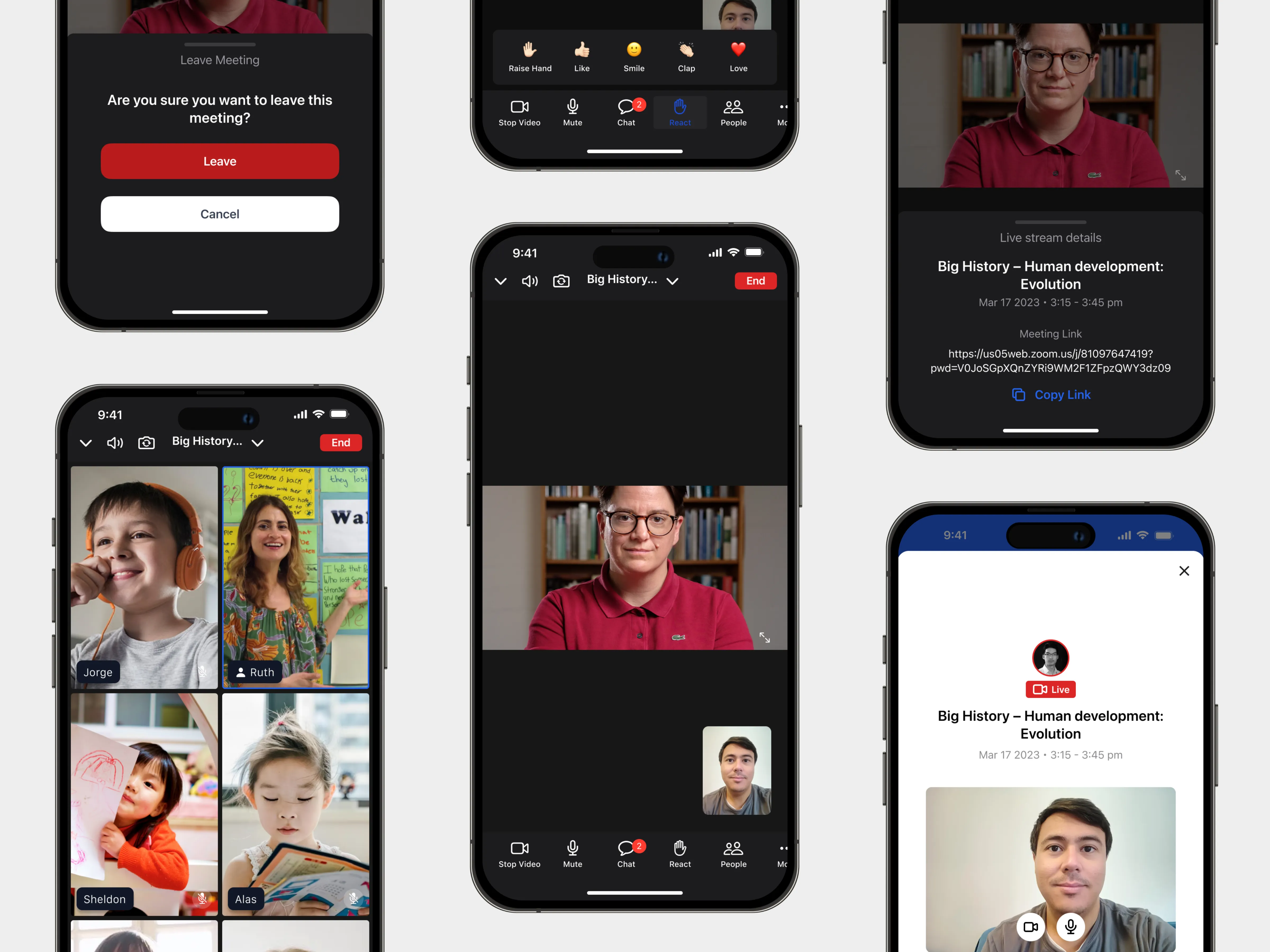 Video call screens: joining, gallery view and one-to-one meetings