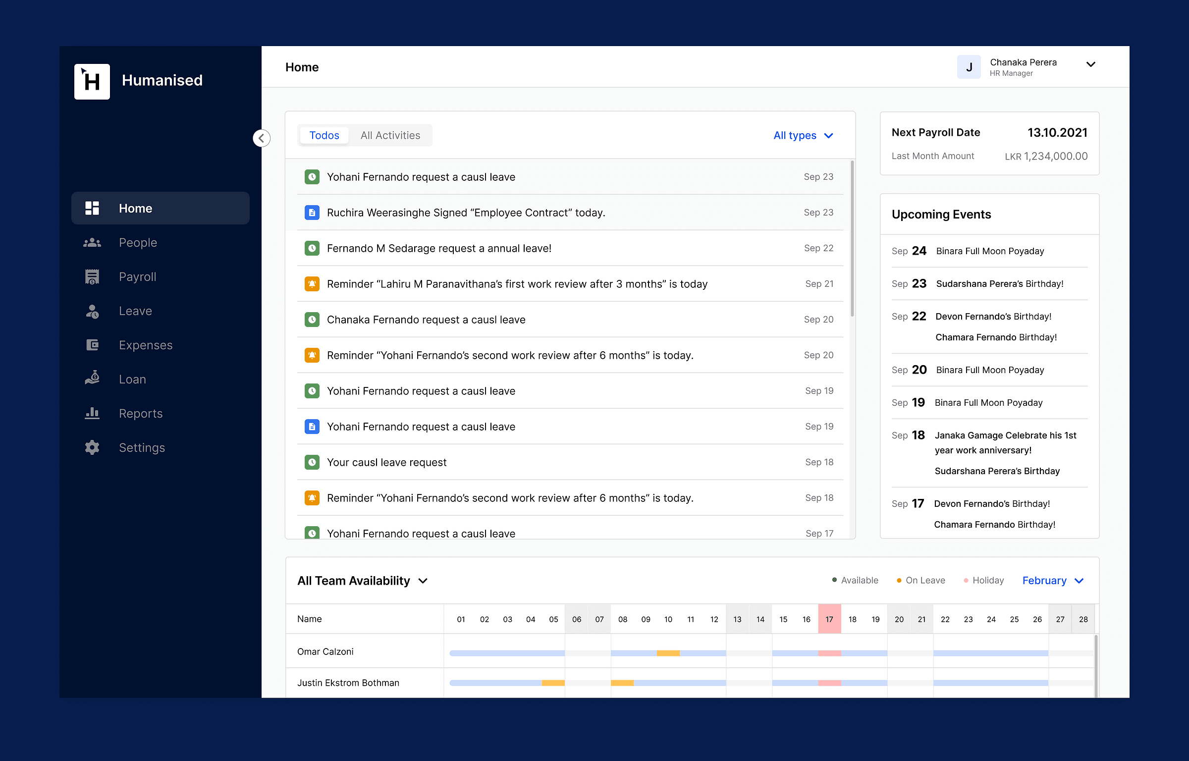 Dashboard with to-dos, next payroll date, upcoming events and team availability