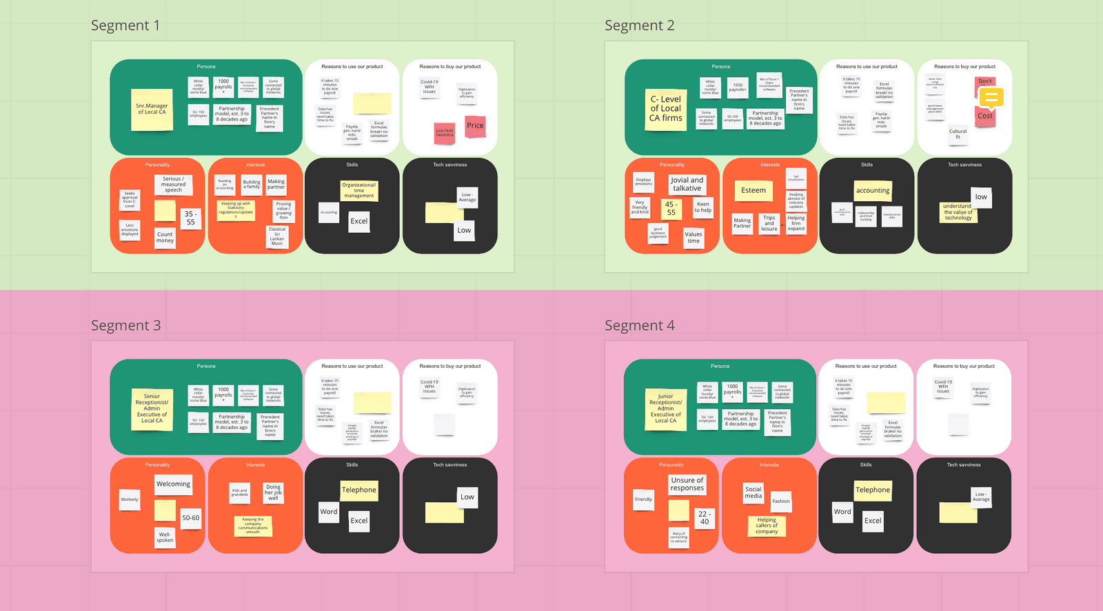 Persona and segment boards clustered by organisation type