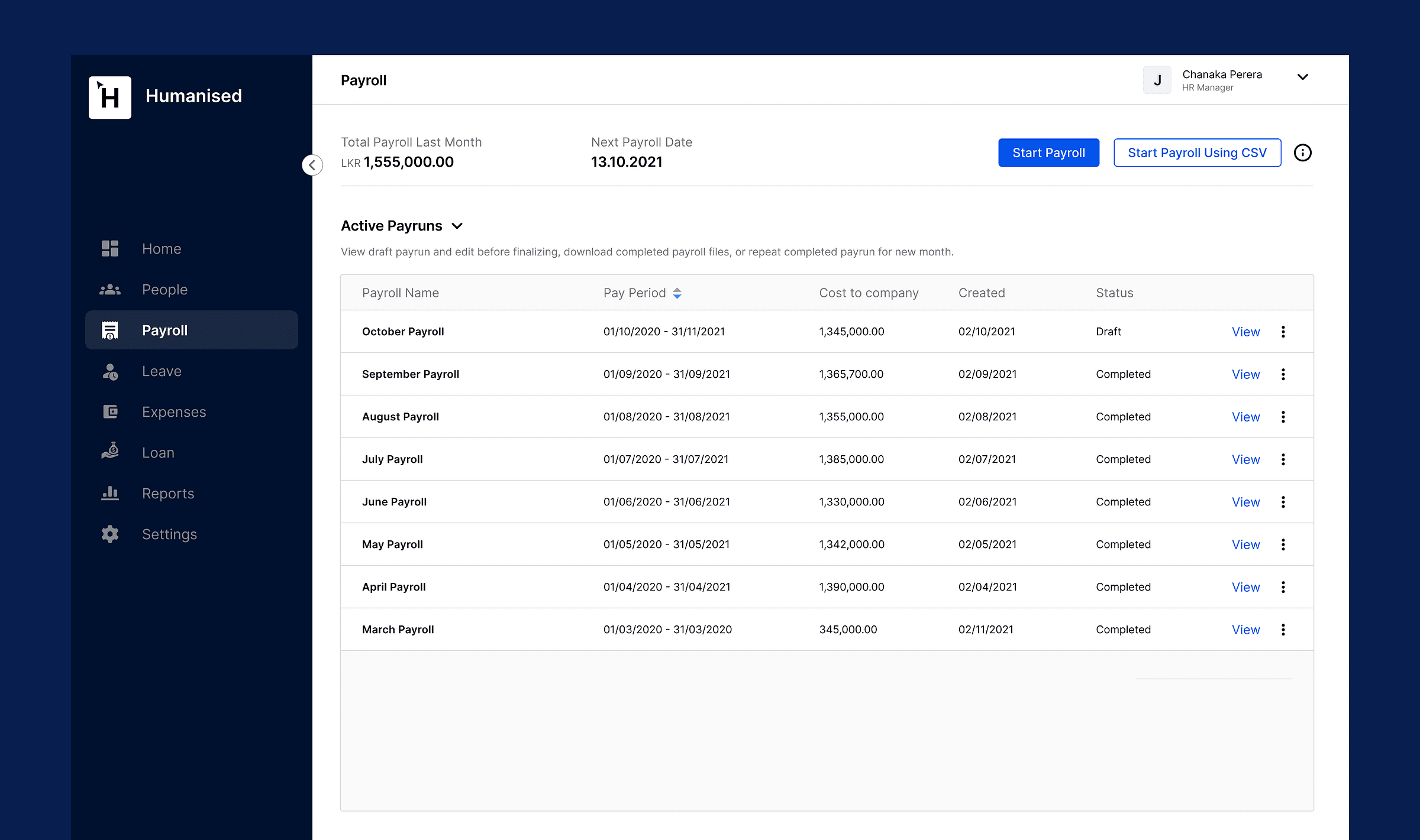Payroll overview listing employees and their pay